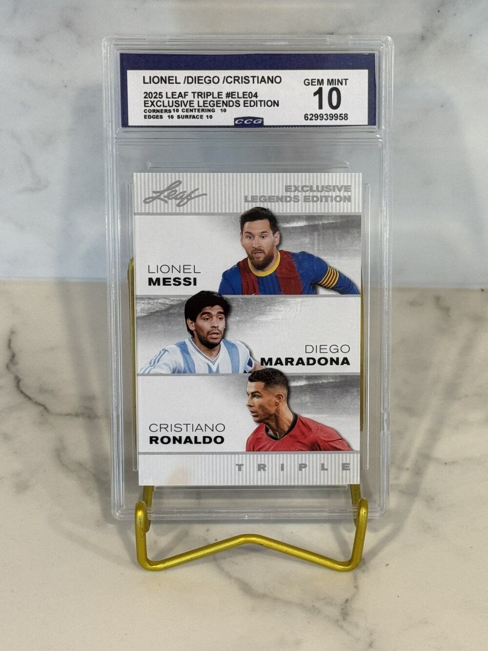 Messi Maradona Ronaldo 2025 Leaf Triple #ELE04 Exclusive Legends Edition Gem 10